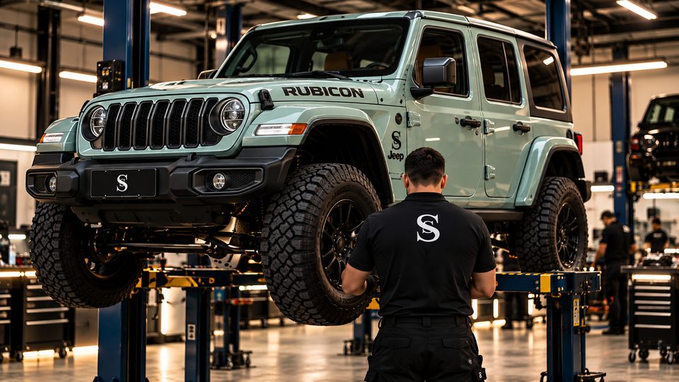 An SS Performance mechanic with a Jeep Wrangler on the lift