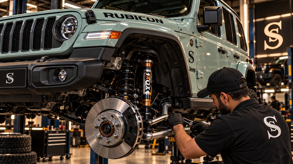 A technician fitting suspension and brakes