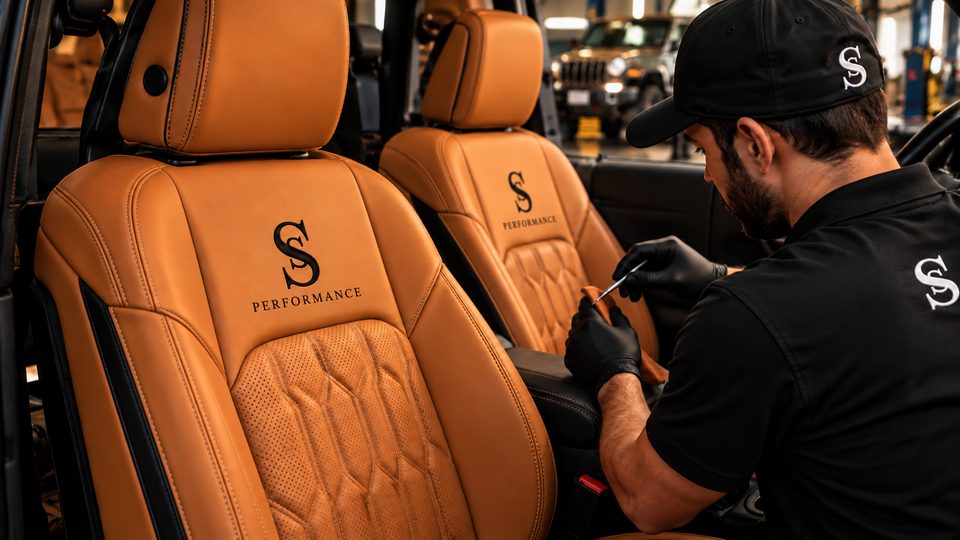 A craftsman upholstering a leather seat with the brand S