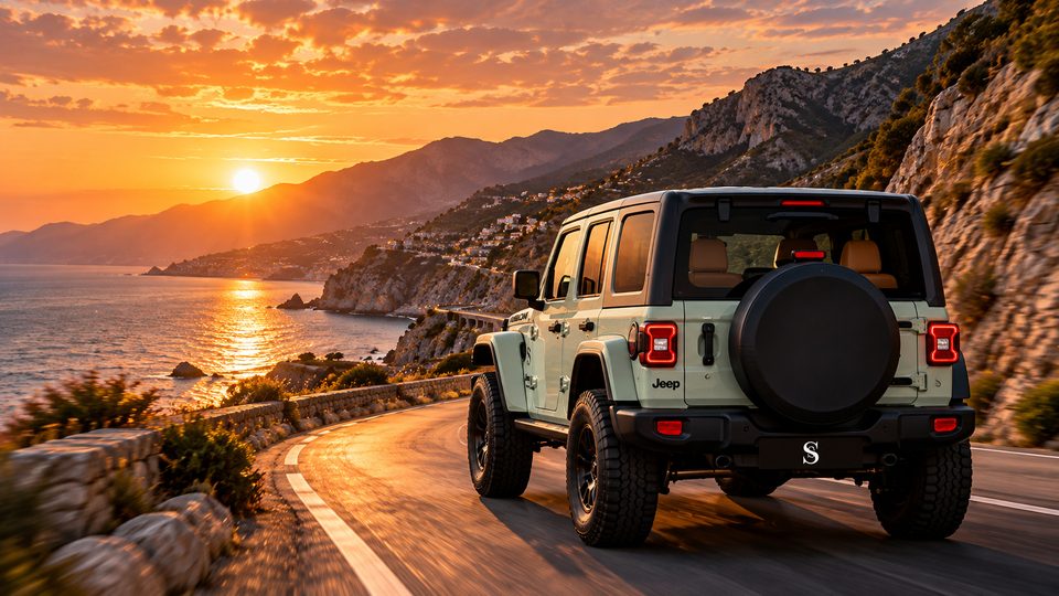 A Jeep Wrangler on a coastal road at sunset
