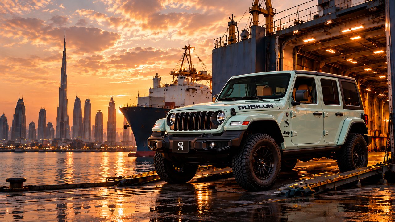 A Jeep Wrangler driving off a cargo ship in the port of Dubai at sunset
