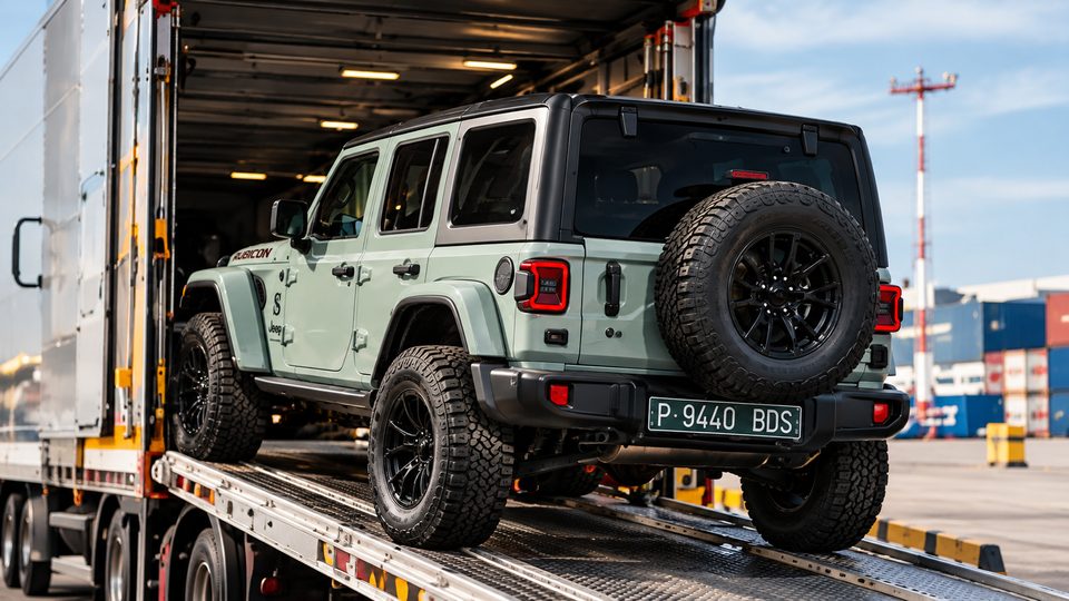 Arrival in Spain: the Jeep on the transport truck
